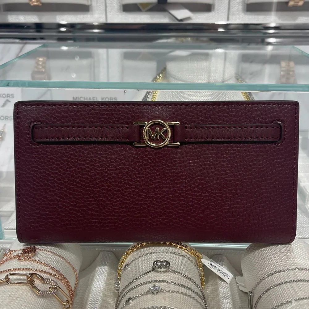 Michael Kors Reed Lg Bifold Pebbled Leather Snap Wallet Card Case Oxblood NWT
